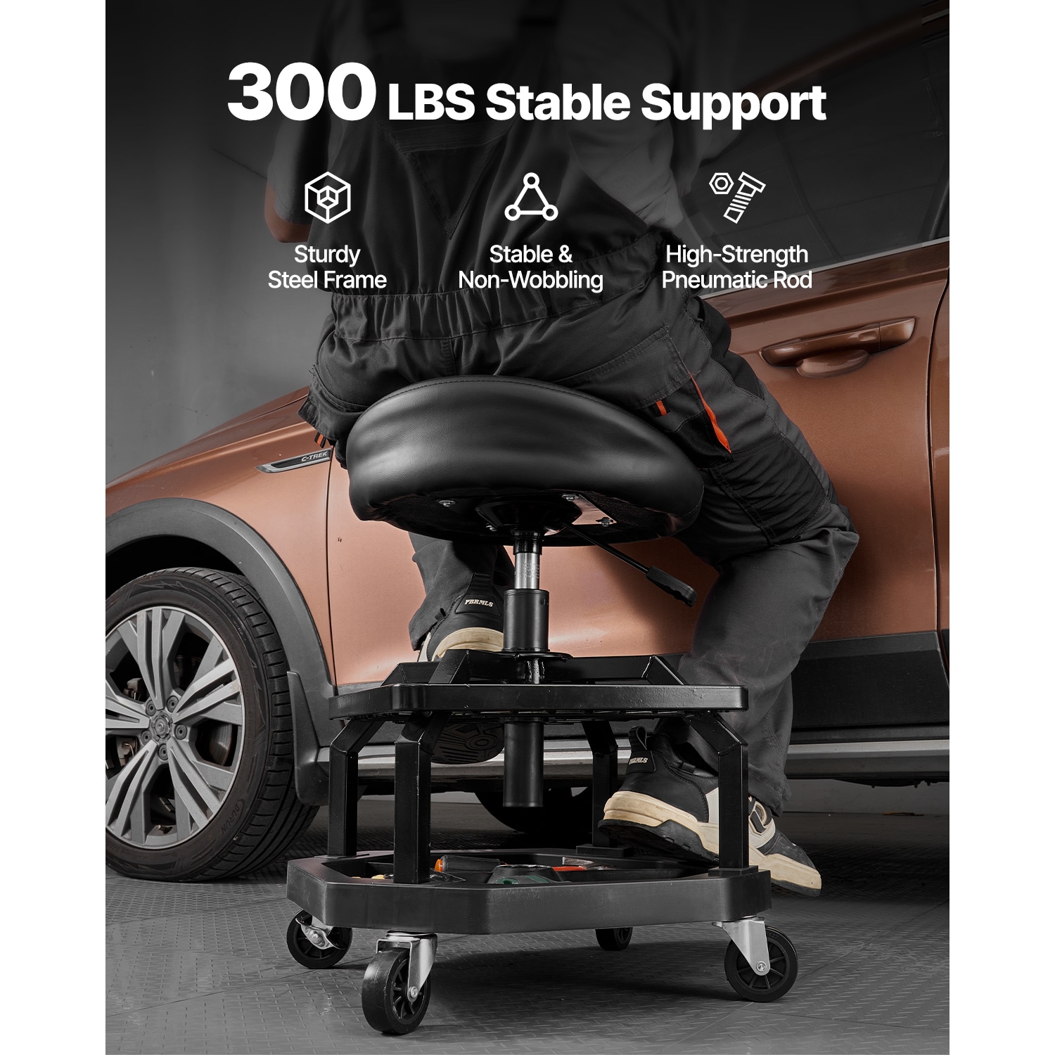 Adjustable Rolling Garage Shop Stool With Wheels And Padded Seat_voghion.com